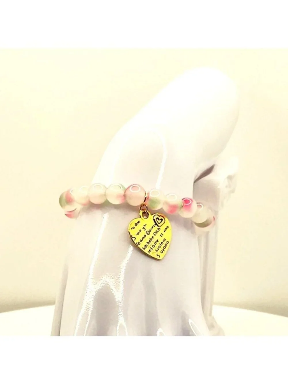 Pastel Heart Charm Bracelet, Pink Green Beaded Stretch Bracelet, Cute